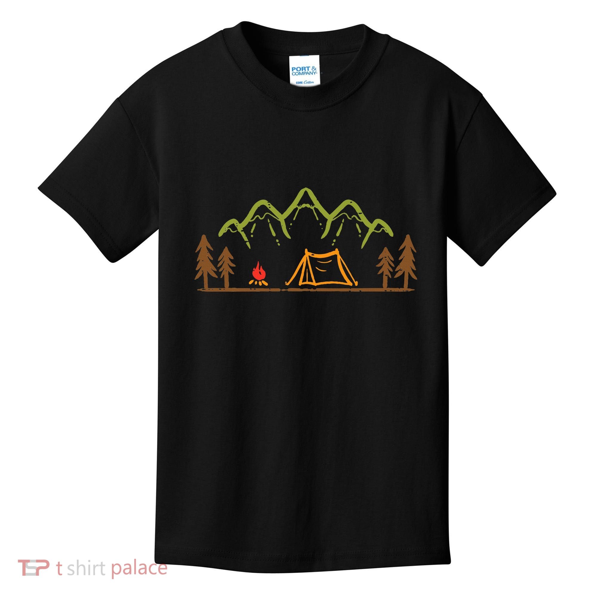 Camping Site Tent Trees Mountain Minimalistic Camp Kids T-Shirt