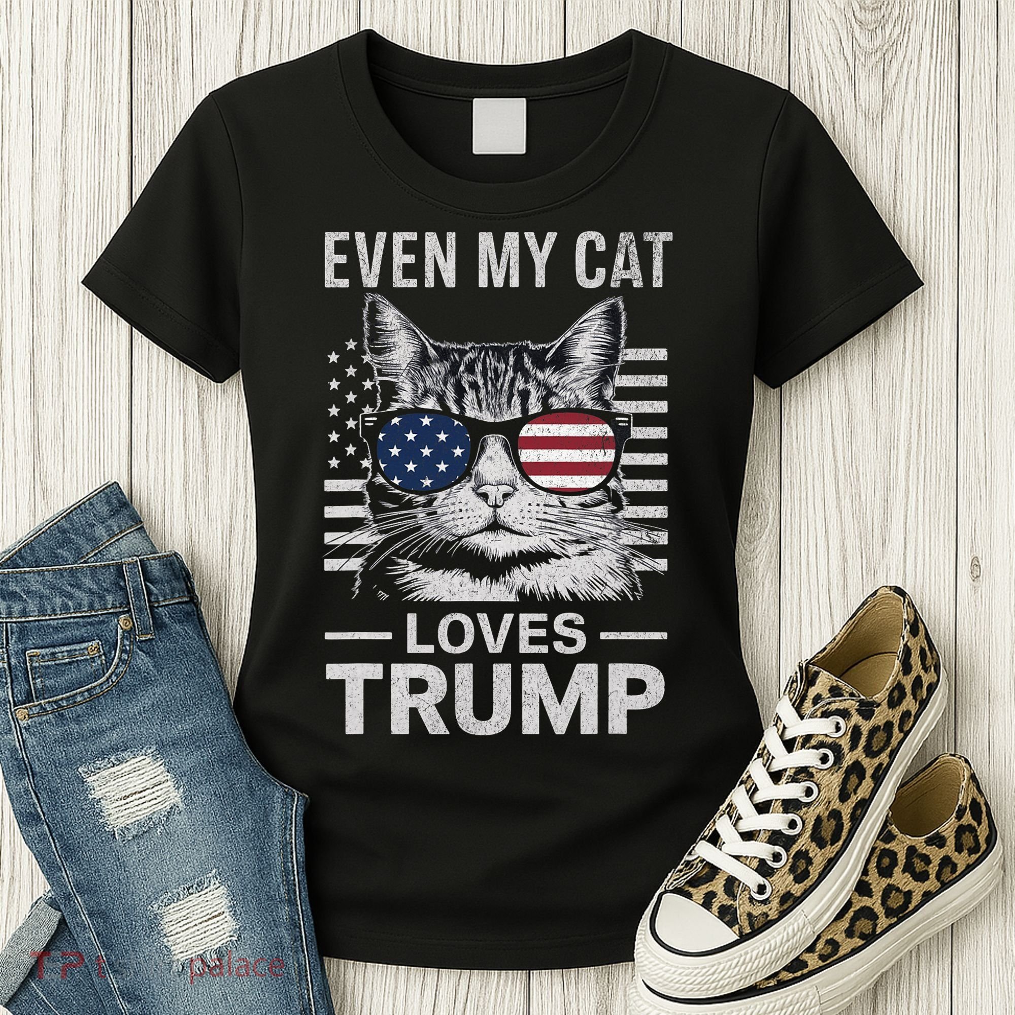 Cat Sunglasses Usa Flag Even My Cat Loves Trump Women's T-Shirt