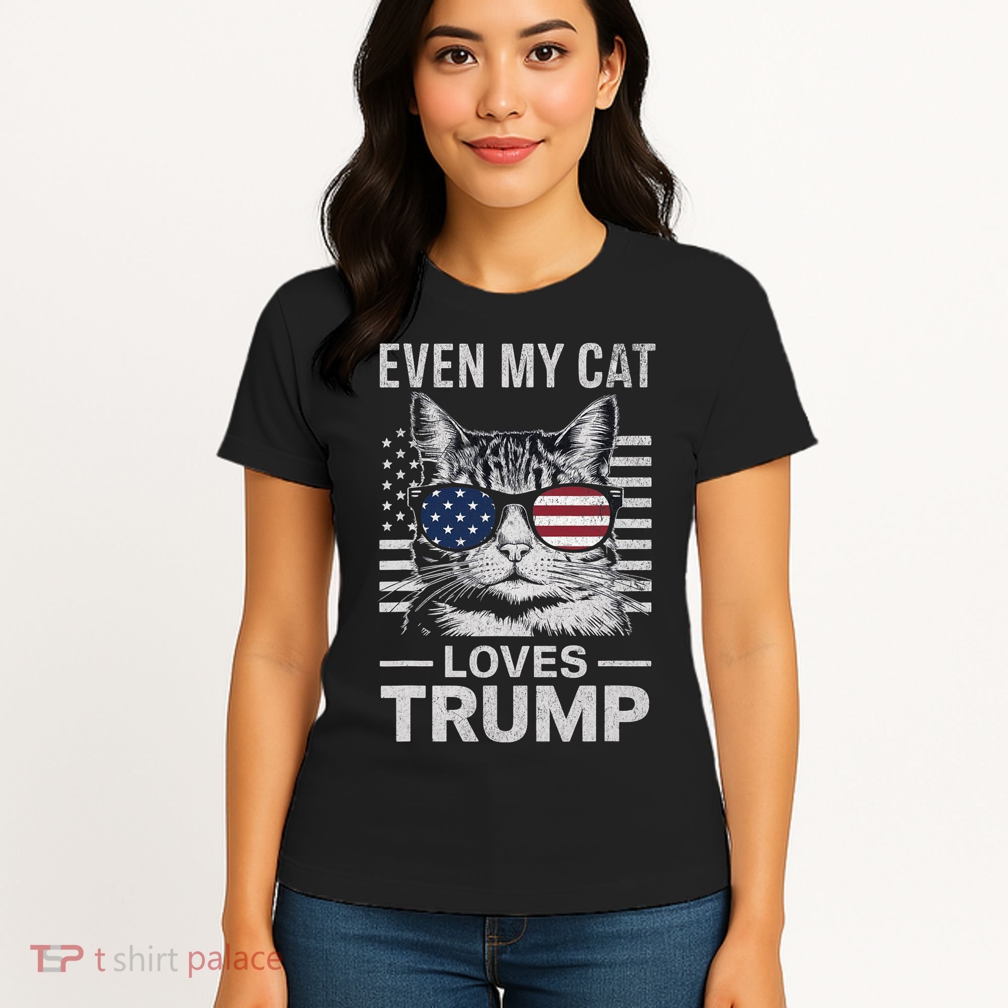 Cat Sunglasses Usa Flag Even My Cat Loves Trump Women's T-Shirt