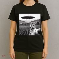 Cat Selfie With Alien Ufo Funny Cat Gifts T-Shirt thumb 4