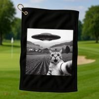 Cat Selfie With Alien Ufo Funny Cat Gifts Golf Towel thumb 1