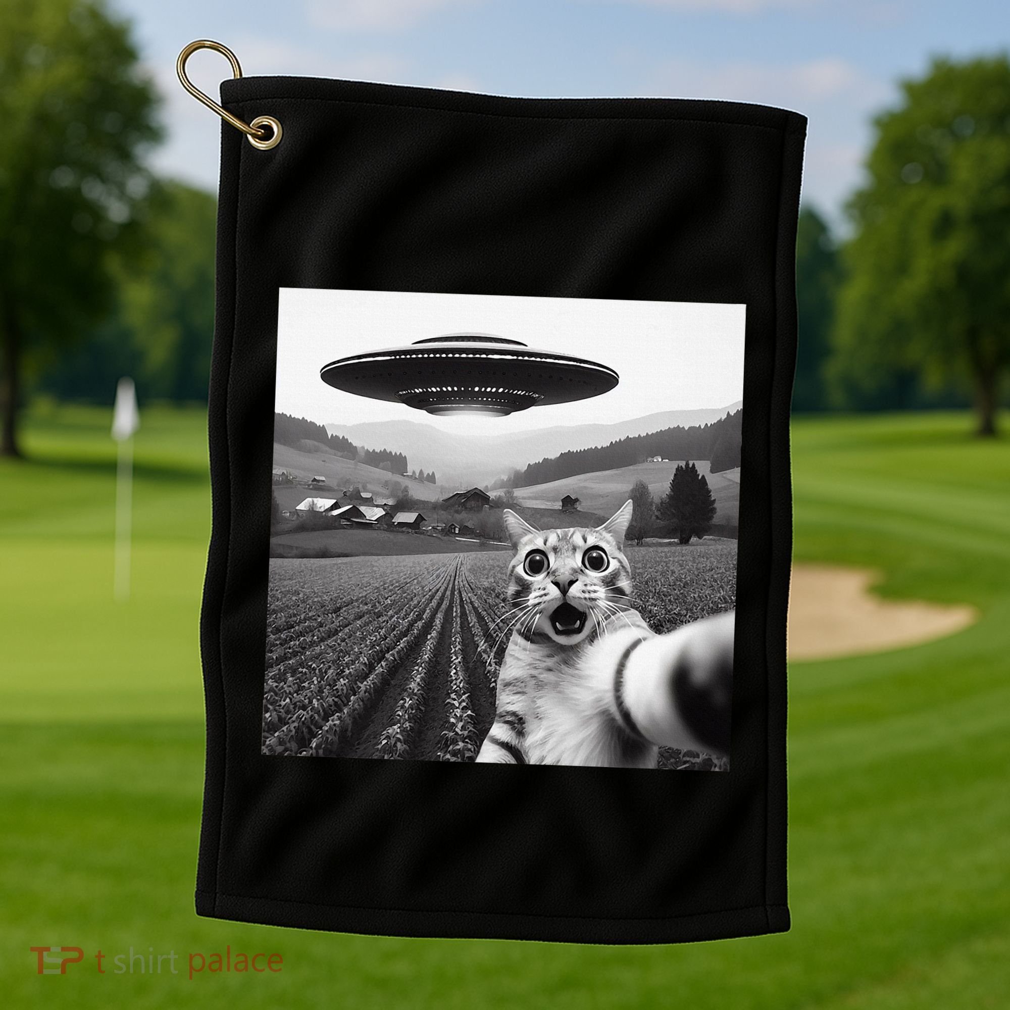 Cat Selfie With Alien Ufo Funny Cat Gifts Golf Towel