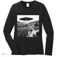 Cat Selfie With Alien Ufo Funny Cat Gifts Women's Long Sleeve Shirt thumb 0