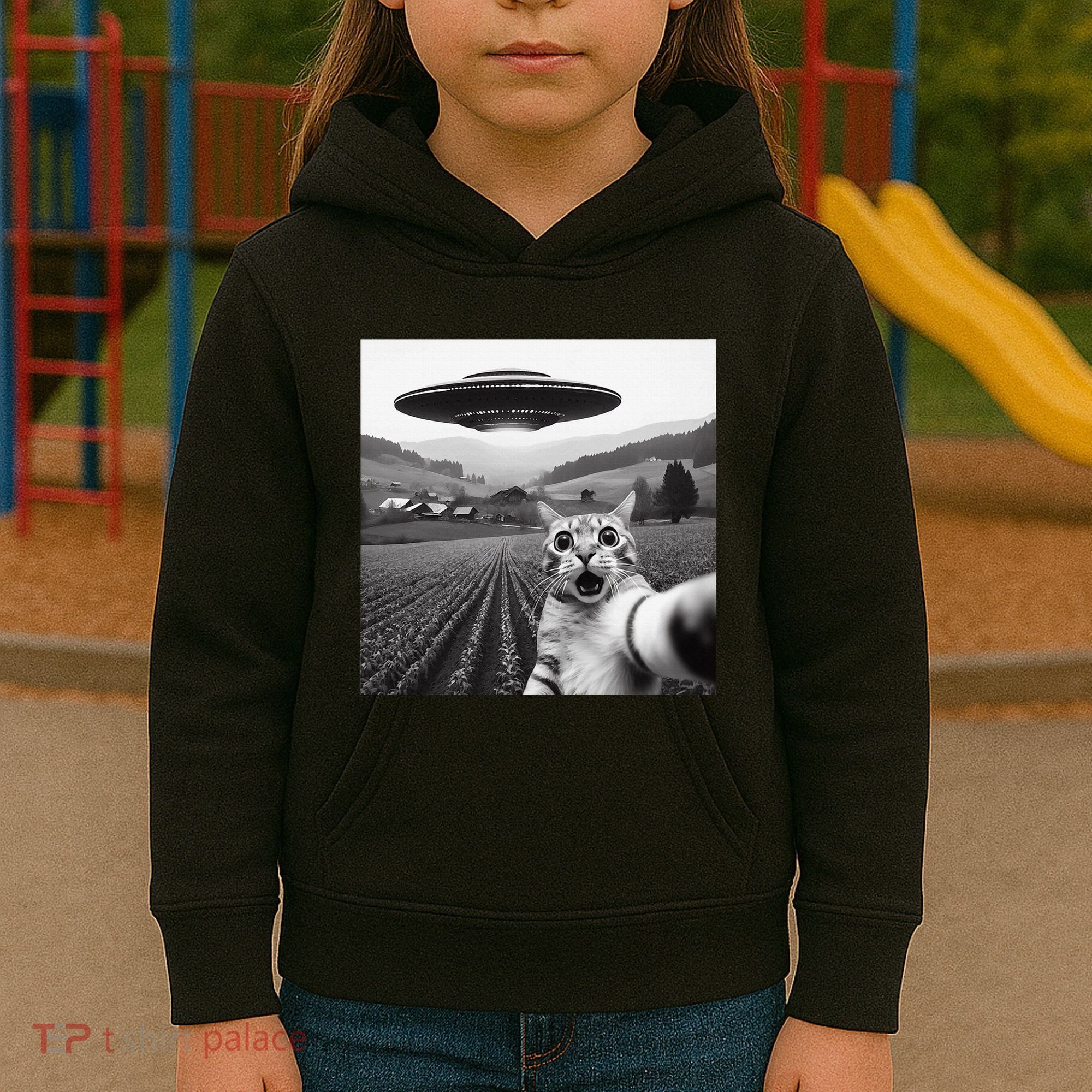 Cat Selfie With Alien Ufo Funny Cat Gifts Kids Hoodie