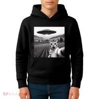 Cat Selfie With Alien Ufo Funny Cat Gifts Kids Hoodie thumb 4
