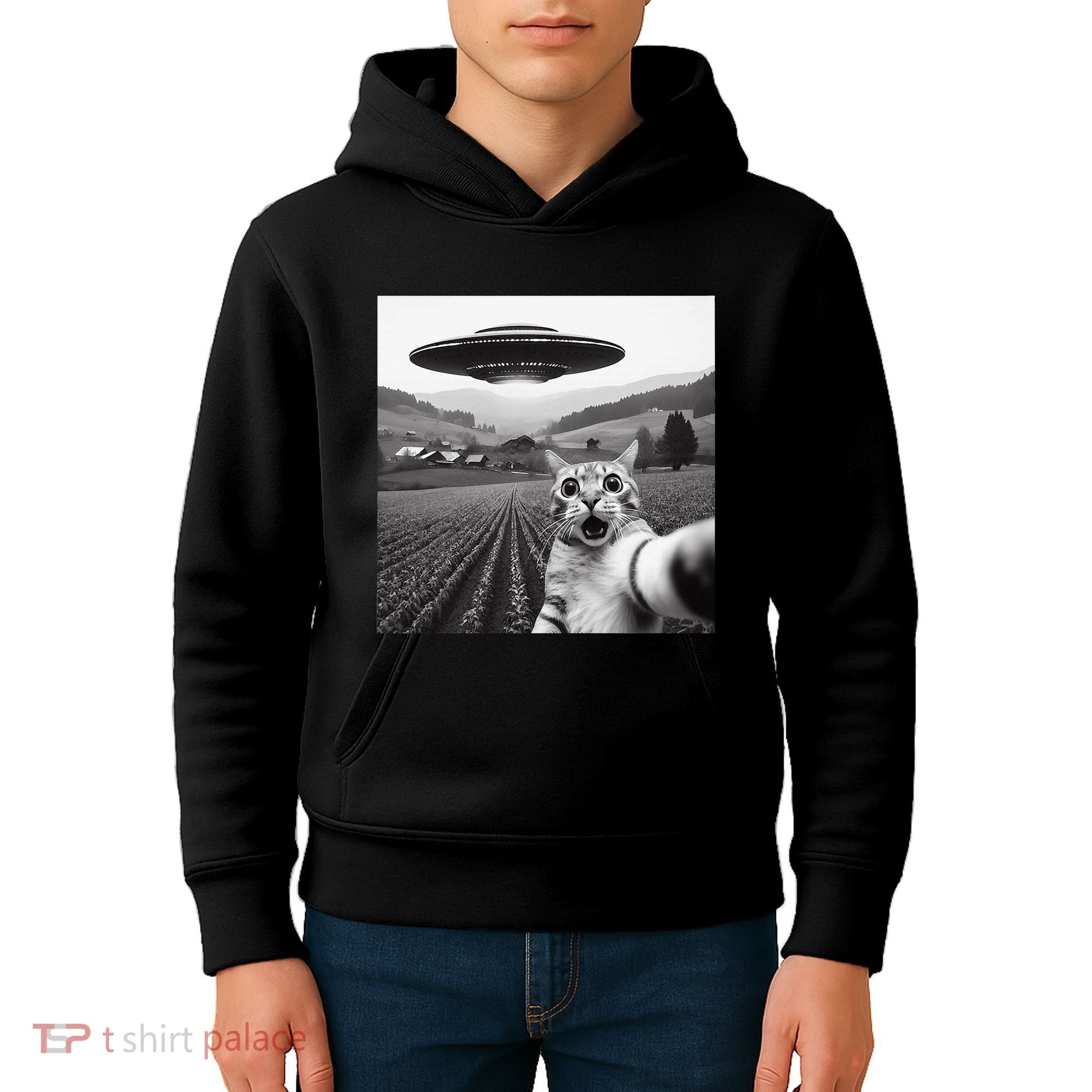 Cat Selfie With Alien Ufo Funny Cat Gifts Kids Hoodie