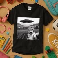 Cat Selfie With Alien Ufo Funny Cat Gifts Kids T-Shirt thumb 3