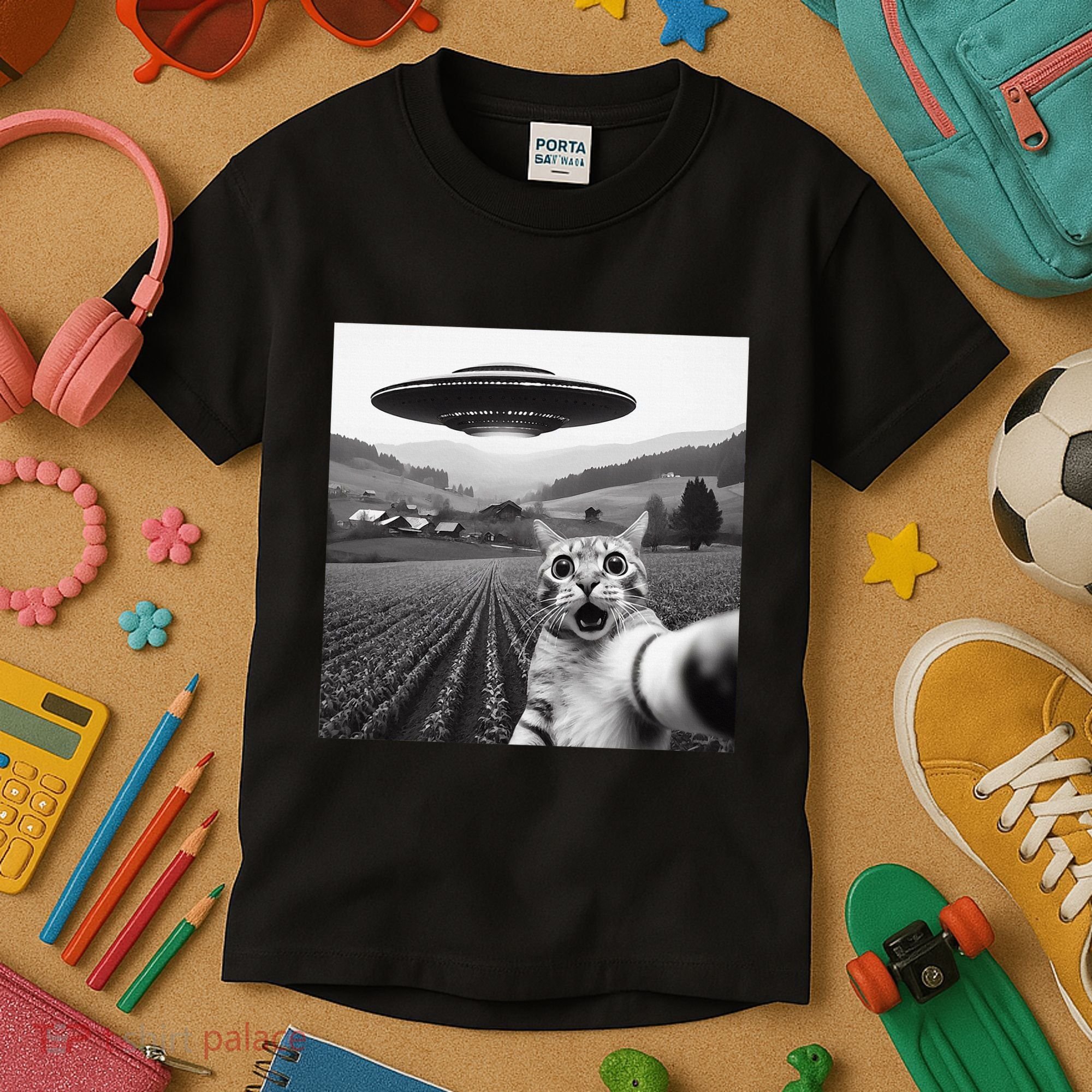 Cat Selfie With Alien Ufo Funny Cat Gifts Kids T-Shirt