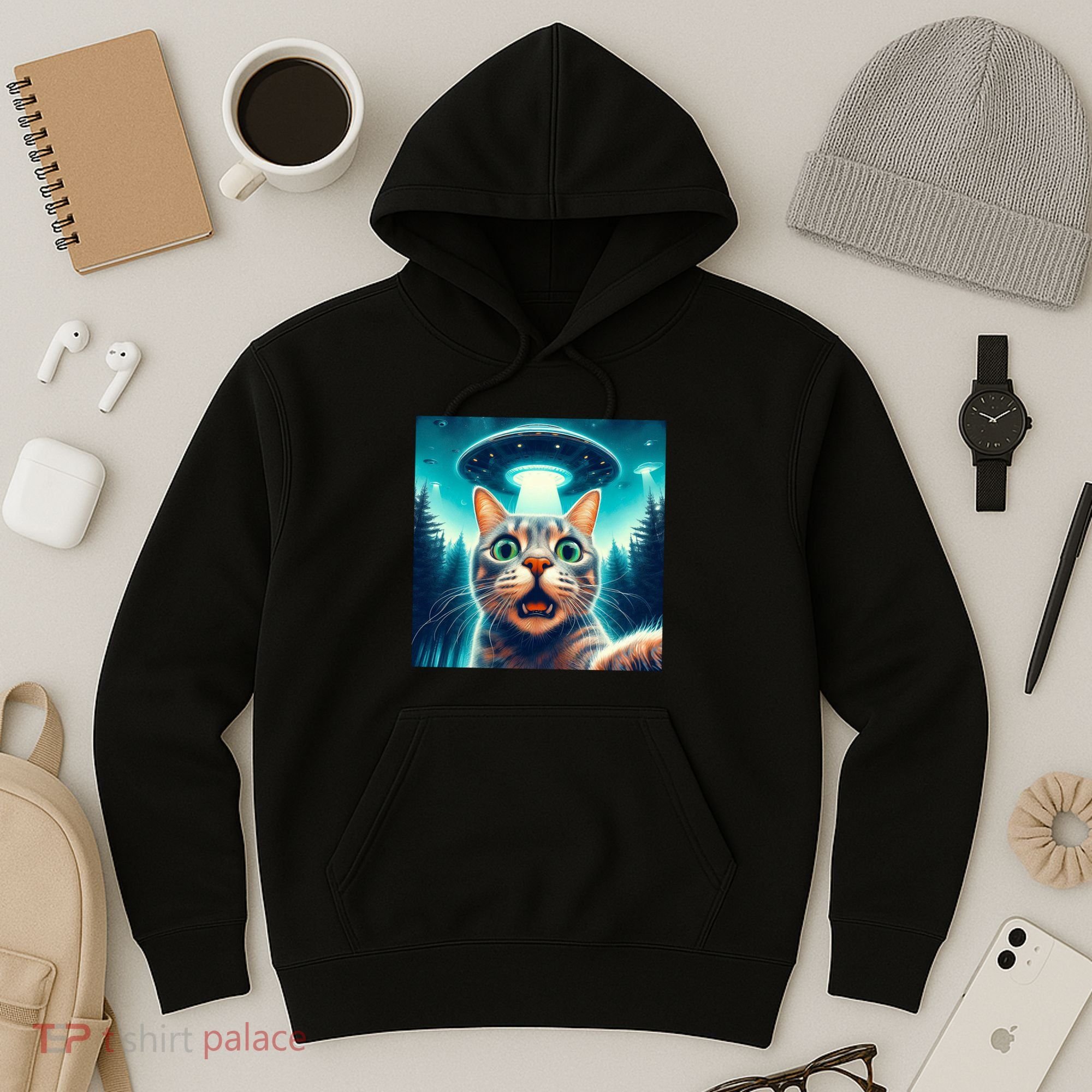Cat Selfie With Ufo Cat Lover Meme Hoodie