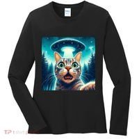 Cat Selfie With Ufo Cat Lover Meme Women's Long Sleeve Shirt thumb 0