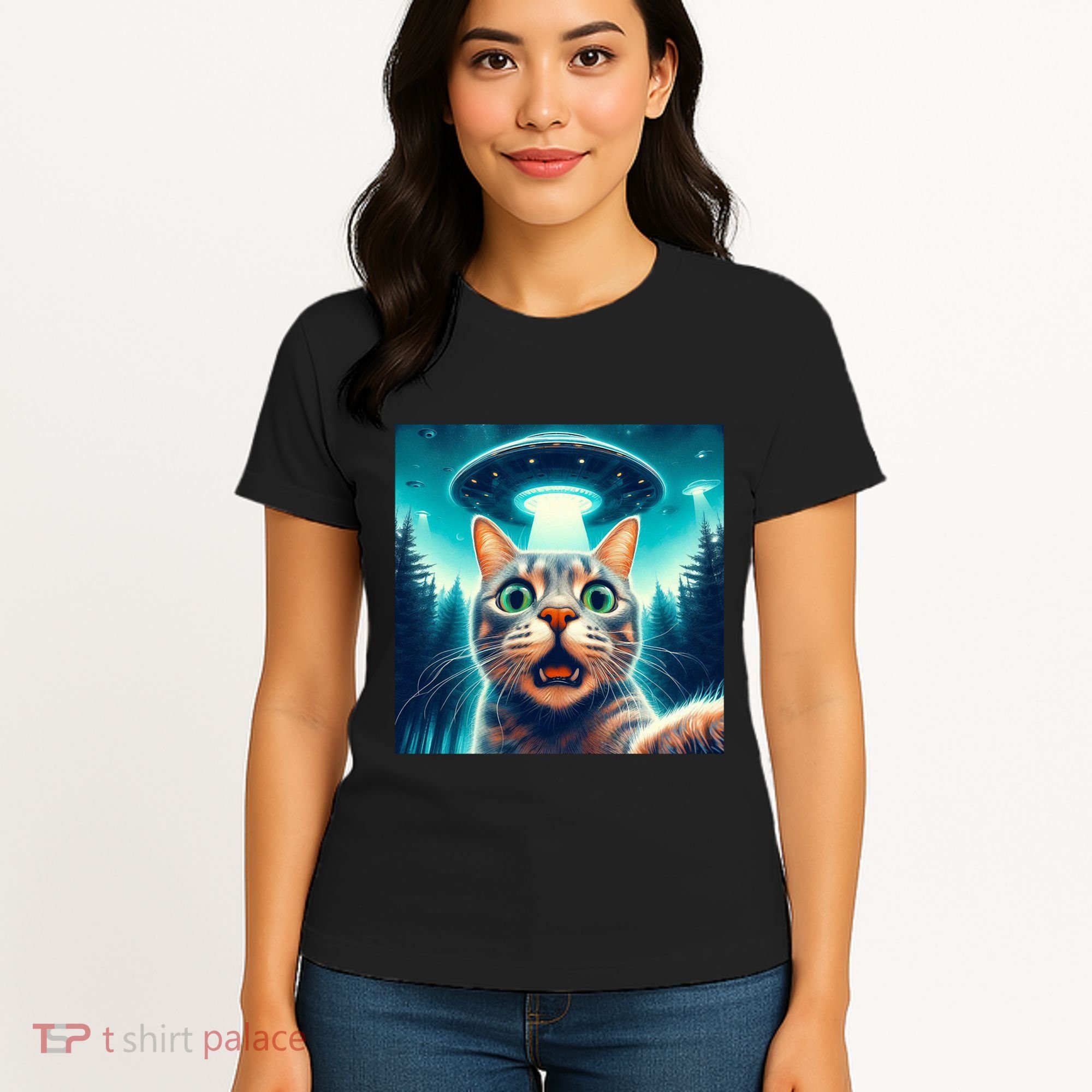 Cat Selfie With Ufo Cat Lover Meme Women's T-Shirt