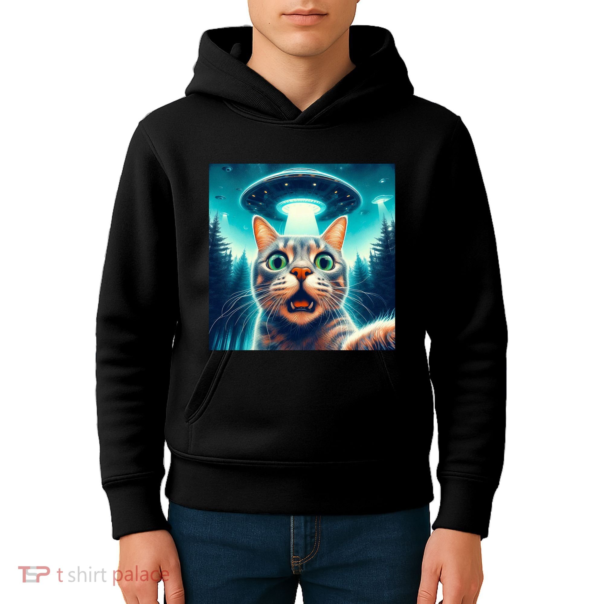 Cat Selfie With Ufo Cat Lover Meme Kids Hoodie