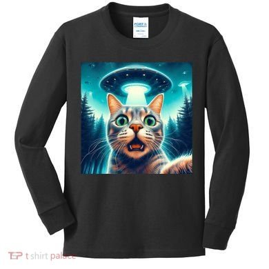 Cat Selfie With Ufo Cat Lover Meme Kids Long Sleeve Shirt
