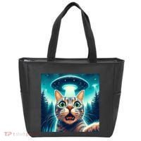 Cat Selfie With Ufo Cat Lover Meme Tote Bag thumb 0