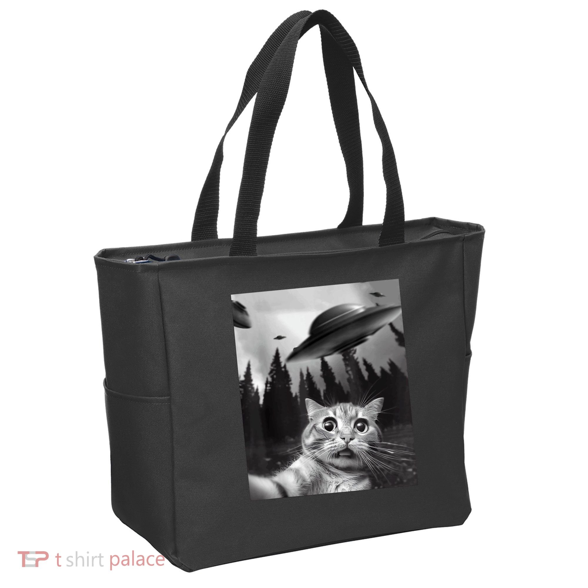 Cat Selfie With Alien UFO Funny Cat Lovers Spaceship Gift Tote Bag