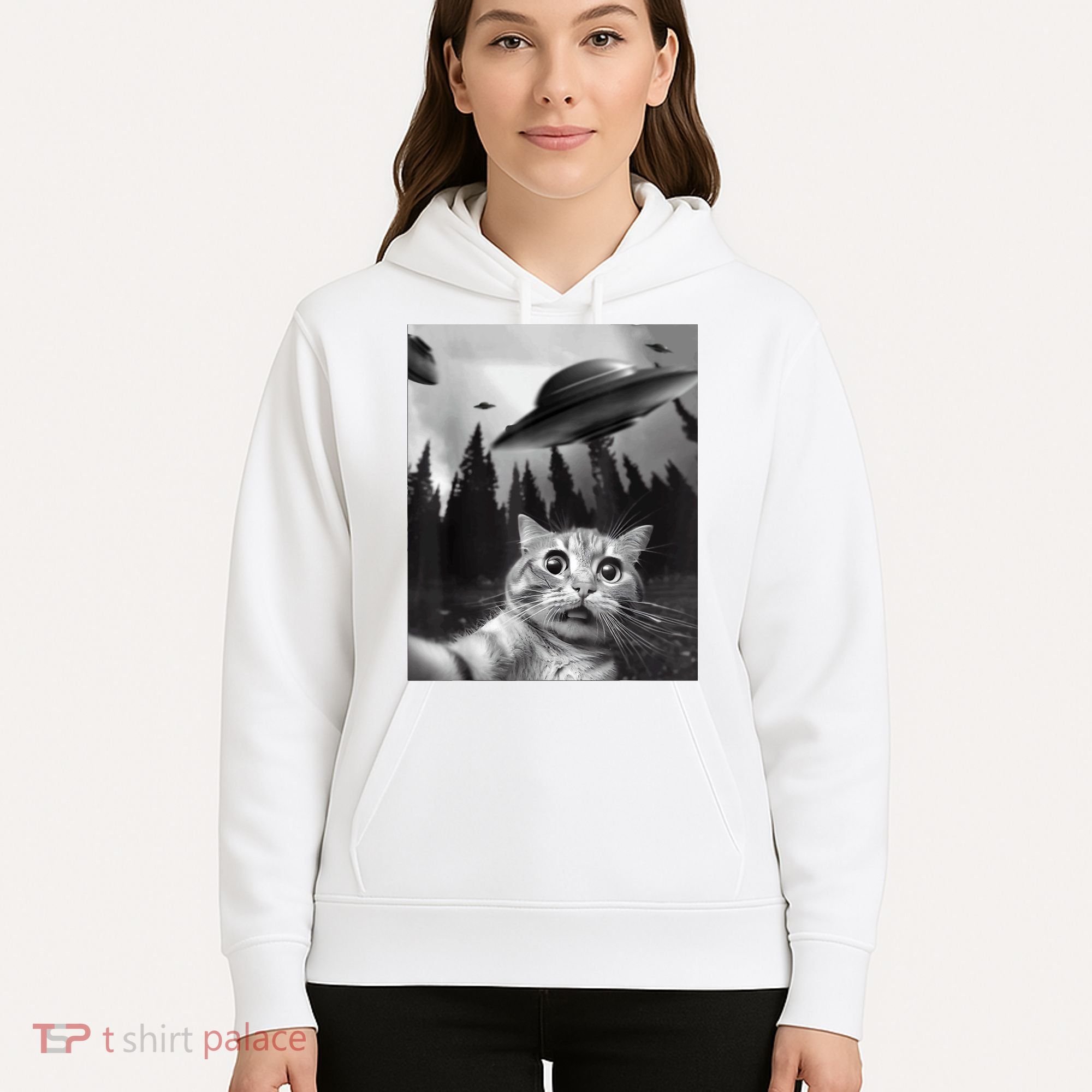 Cat Selfie With Alien UFO Funny Cat Lovers Spaceship Gift Hoodie