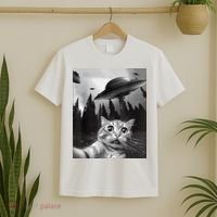 Cat Selfie With Alien UFO Funny Cat Lovers Spaceship Gift T-Shirt thumb 2