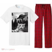 Cat Selfie With Alien UFO Funny Cat Lovers Spaceship Gift Pajama Set thumb 0
