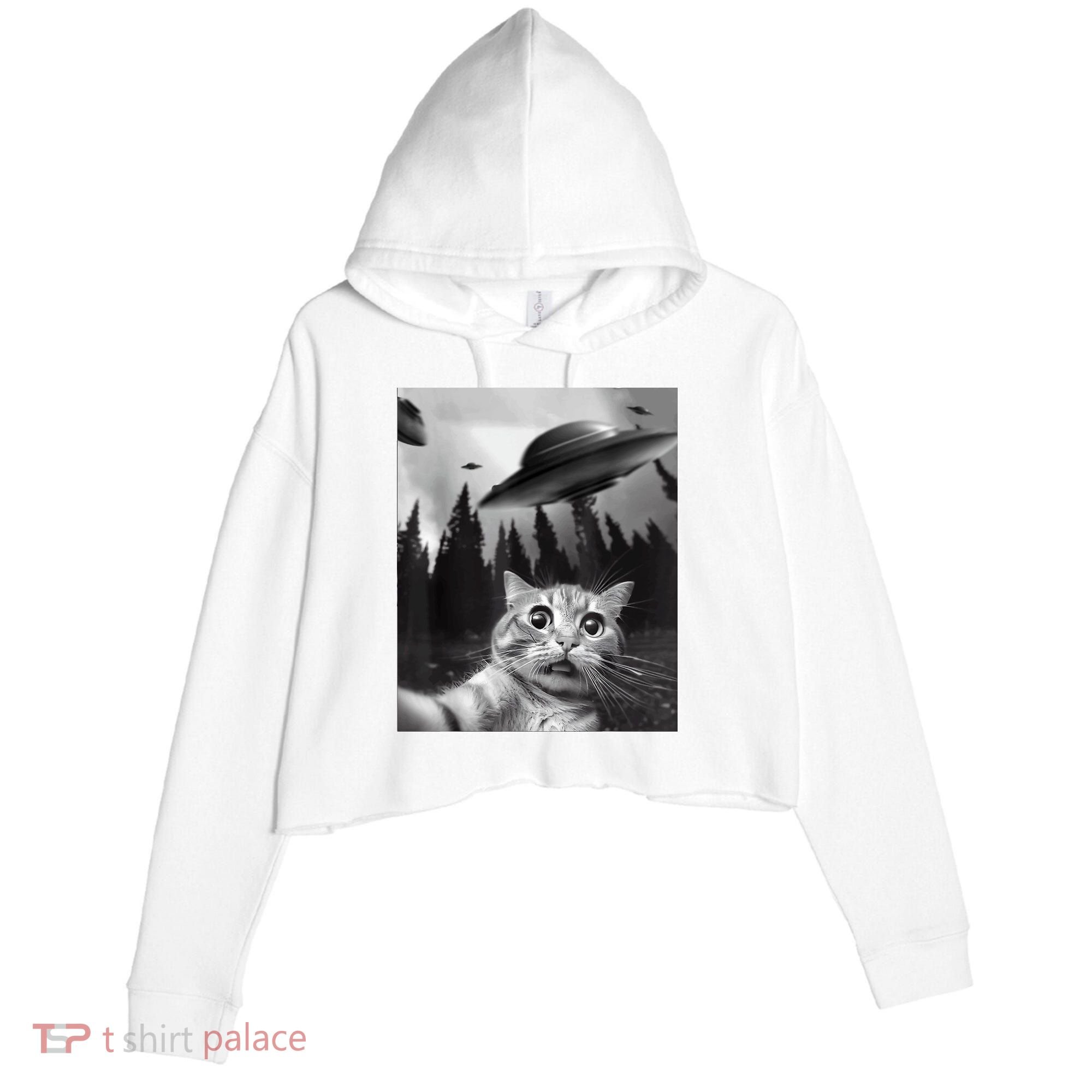 Cat Selfie With Alien UFO Funny Cat Lovers Spaceship Gift Crop Fleece Hoodie