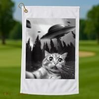 Cat Selfie With Alien UFO Funny Cat Lovers Spaceship Gift Golf Towel thumb 1