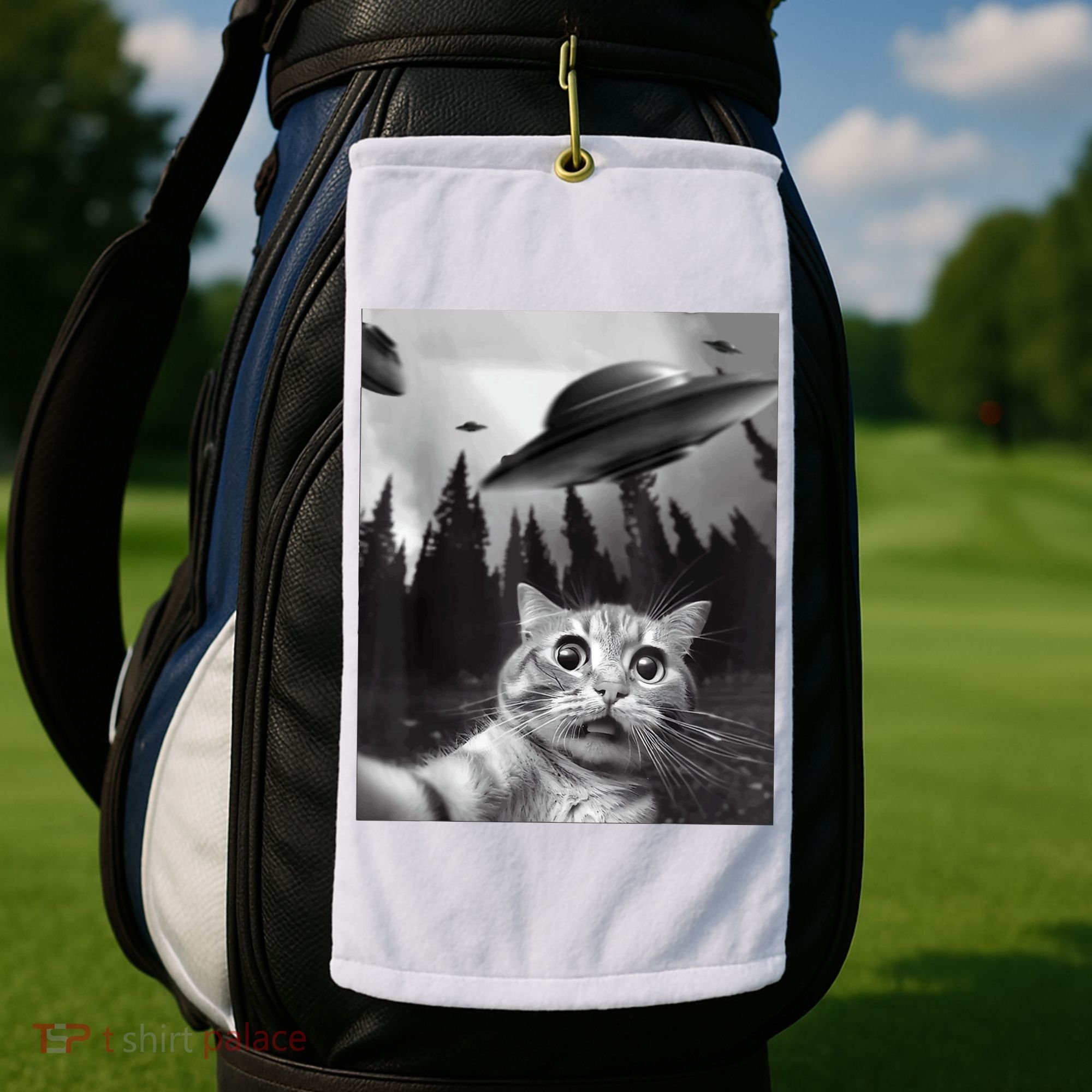 Cat Selfie With Alien UFO Funny Cat Lovers Spaceship Gift Golf Towel