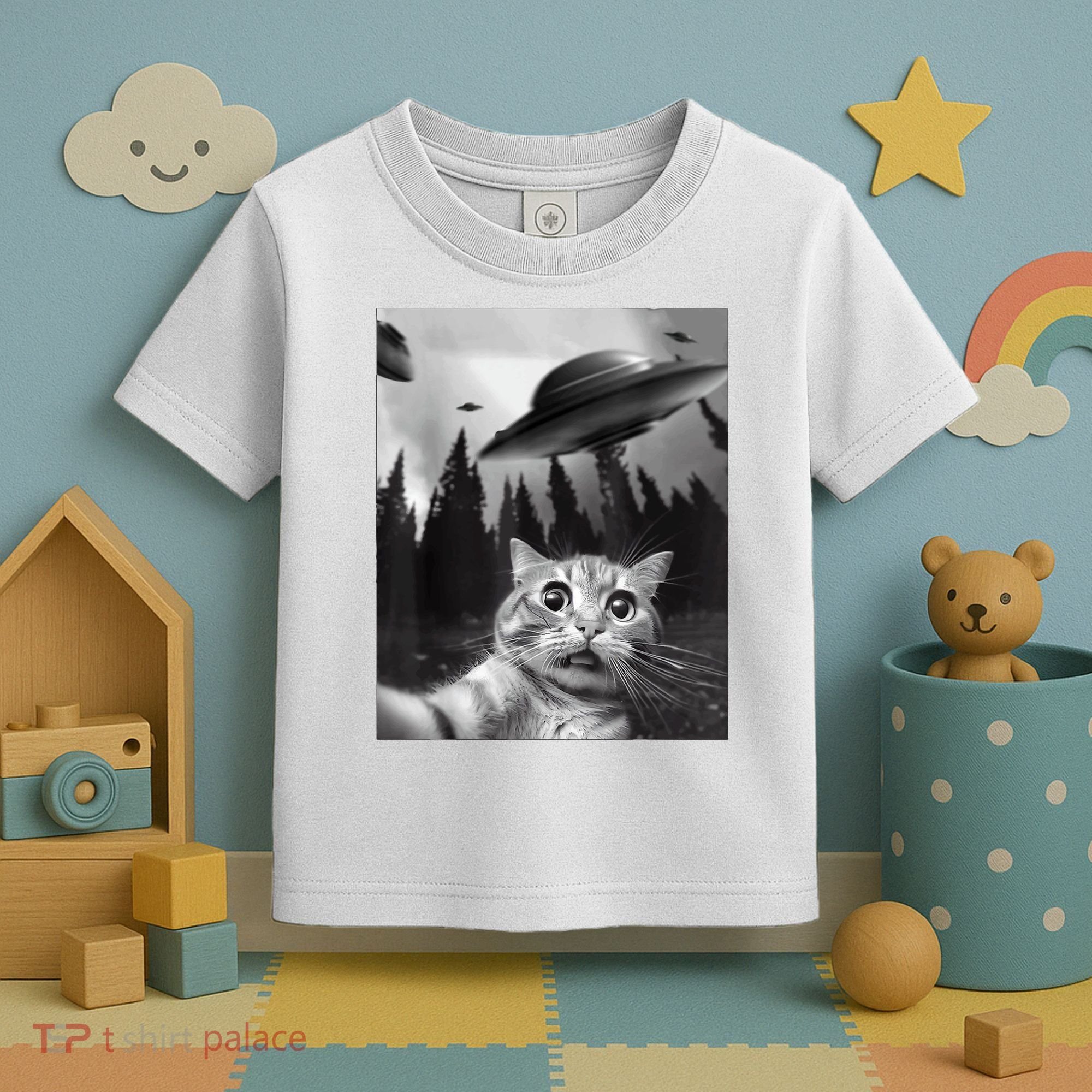 Cat Selfie With Alien UFO Funny Cat Lovers Spaceship Gift Toddler T-Shirt