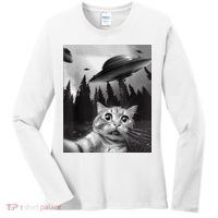 Cat Selfie With Alien UFO Funny Cat Lovers Spaceship Gift Women's Long Sleeve Shirt thumb 0