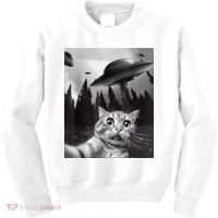 Cat Selfie With Alien UFO Funny Cat Lovers Spaceship Gift Kids Sweatshirt thumb 0