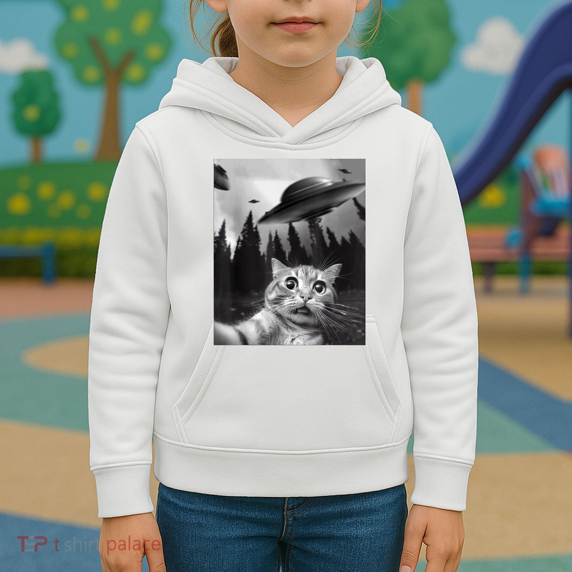 Cat Selfie With Alien UFO Funny Cat Lovers Spaceship Gift Kids Hoodie