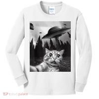 Cat Selfie With Alien UFO Funny Cat Lovers Spaceship Gift Kids Long Sleeve Shirt thumb 0