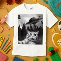 Cat Selfie With Alien UFO Funny Cat Lovers Spaceship Gift Kids T-Shirt thumb 3