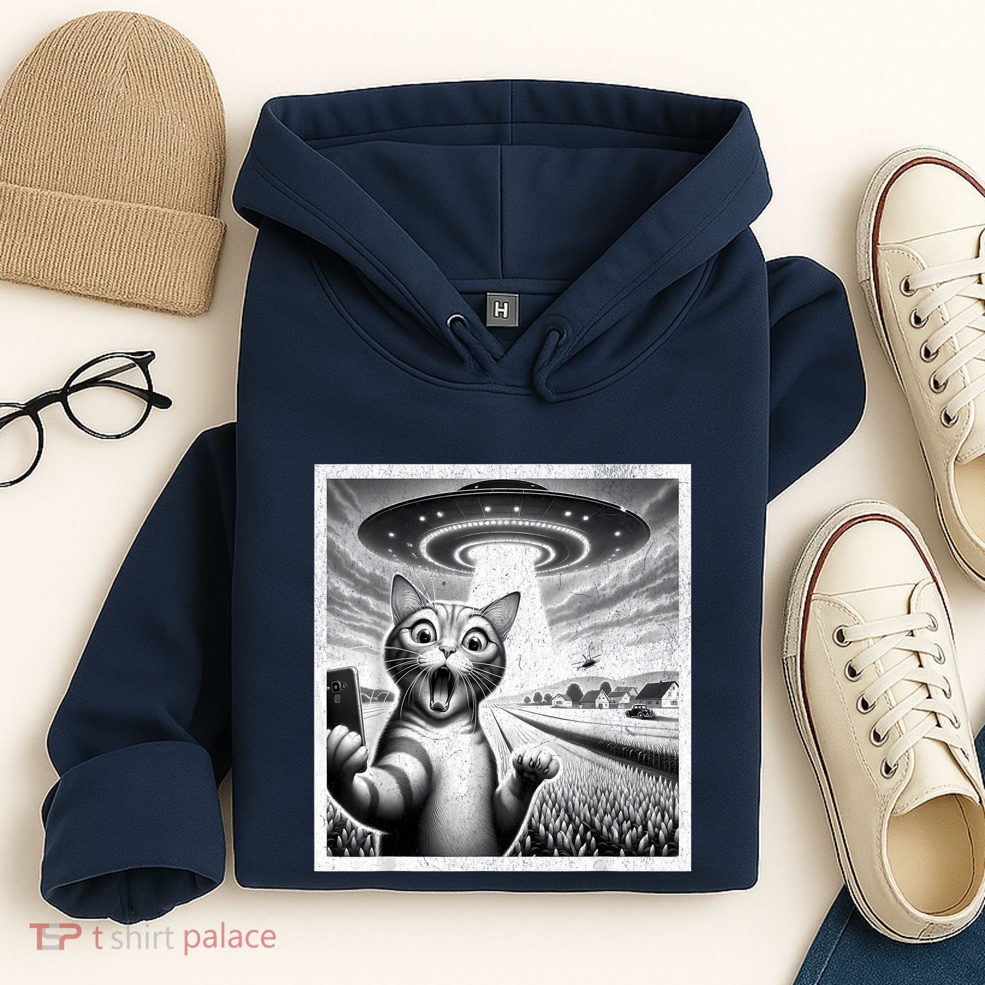 Cat Selfie With Alien Ufo Funny Cat For Women Hoodie