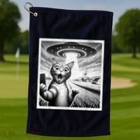 Cat Selfie With Alien Ufo Funny Cat For Women Golf Towel thumb 1