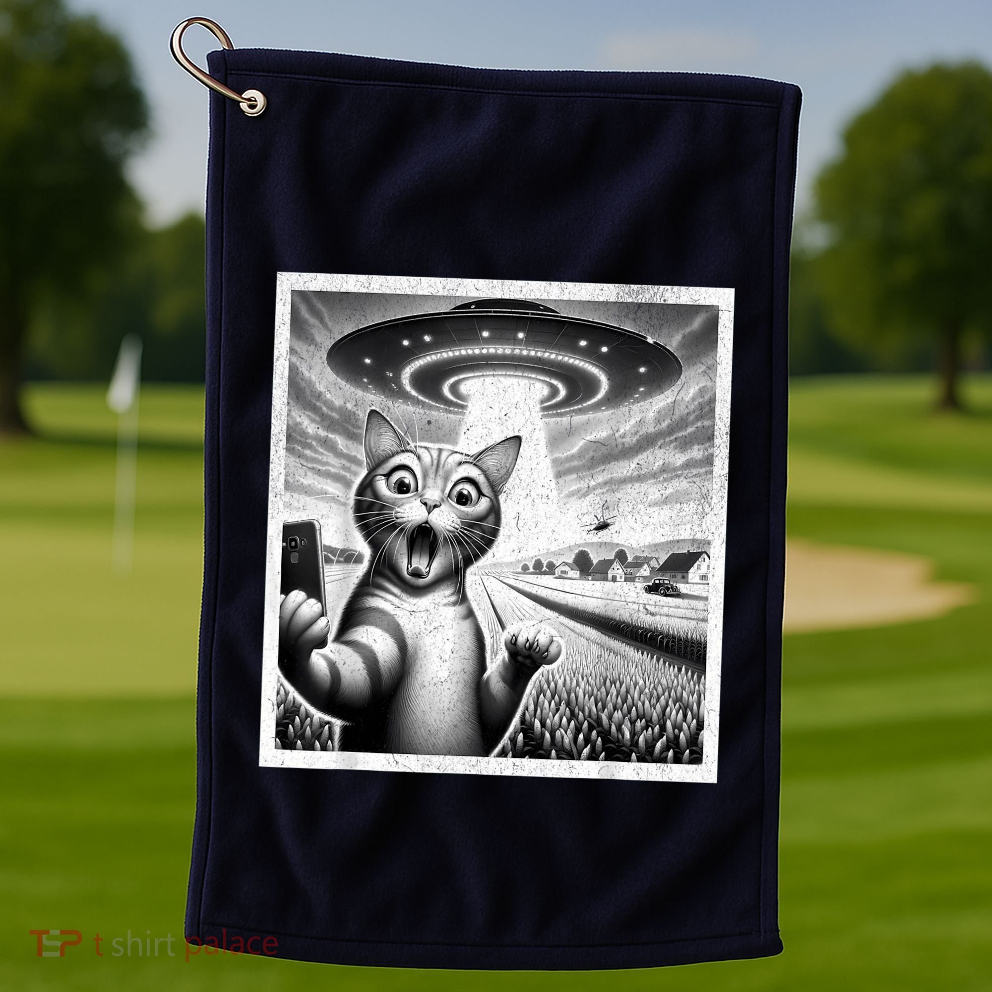 Cat Selfie With Alien Ufo Funny Cat For Women Golf Towel