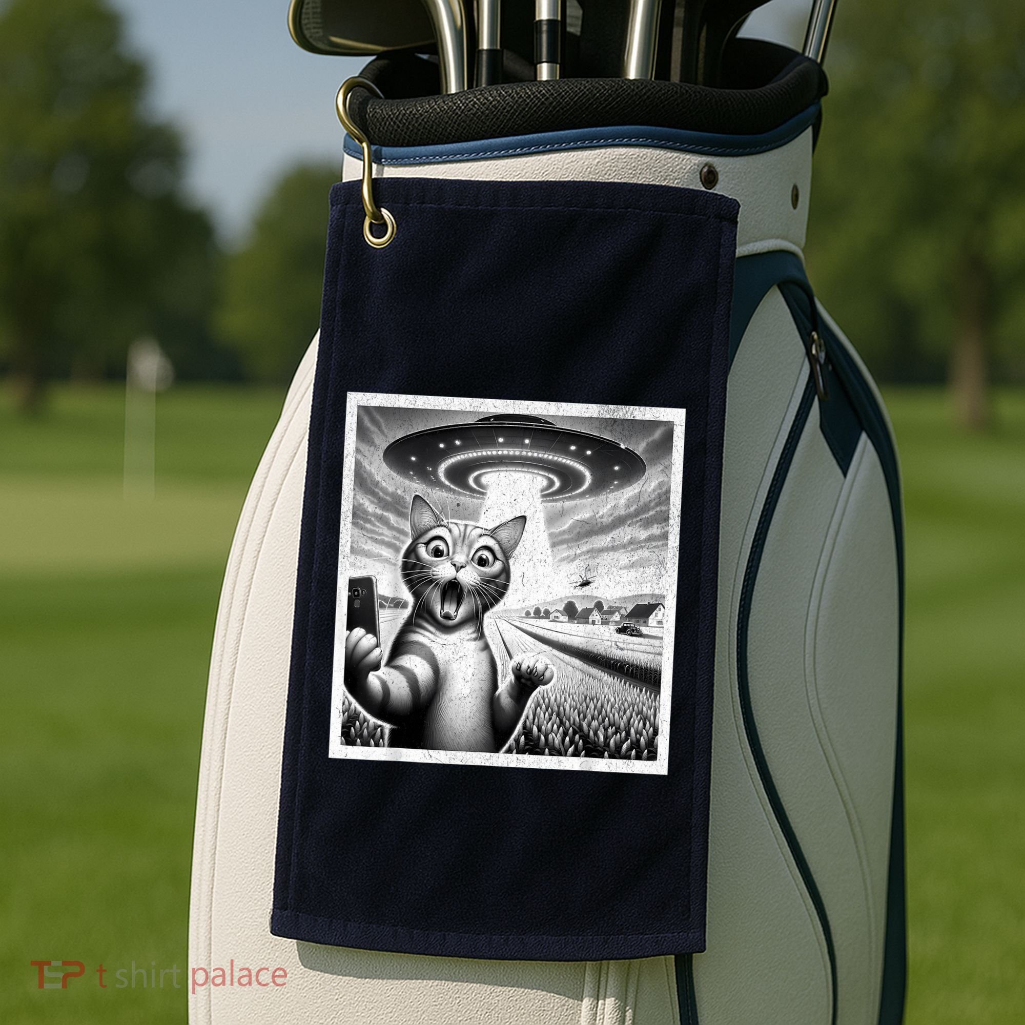 Cat Selfie With Alien Ufo Funny Cat For Women Golf Towel