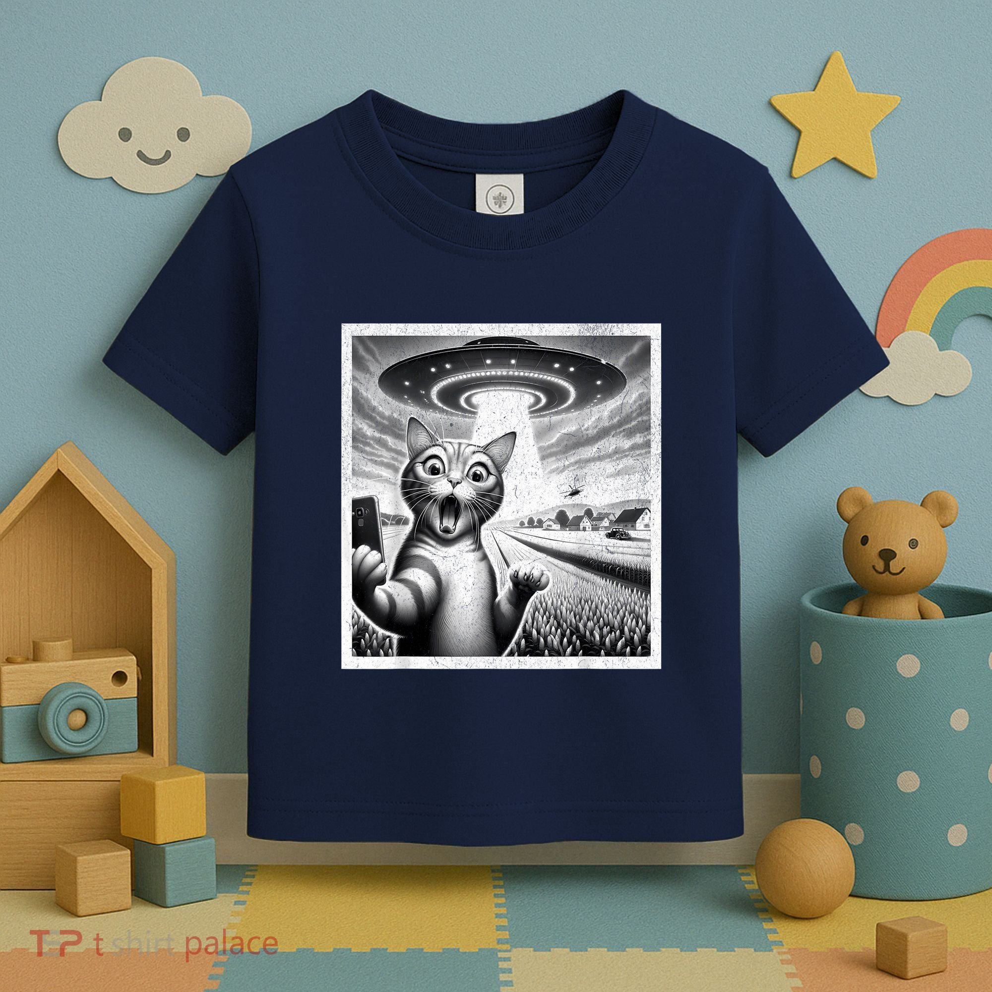 Cat Selfie With Alien Ufo Funny Cat For Women Toddler T-Shirt