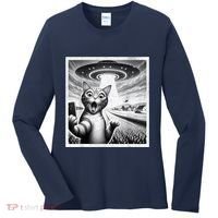 Cat Selfie With Alien Ufo Funny Cat For Women Women's Long Sleeve Shirt thumb 0