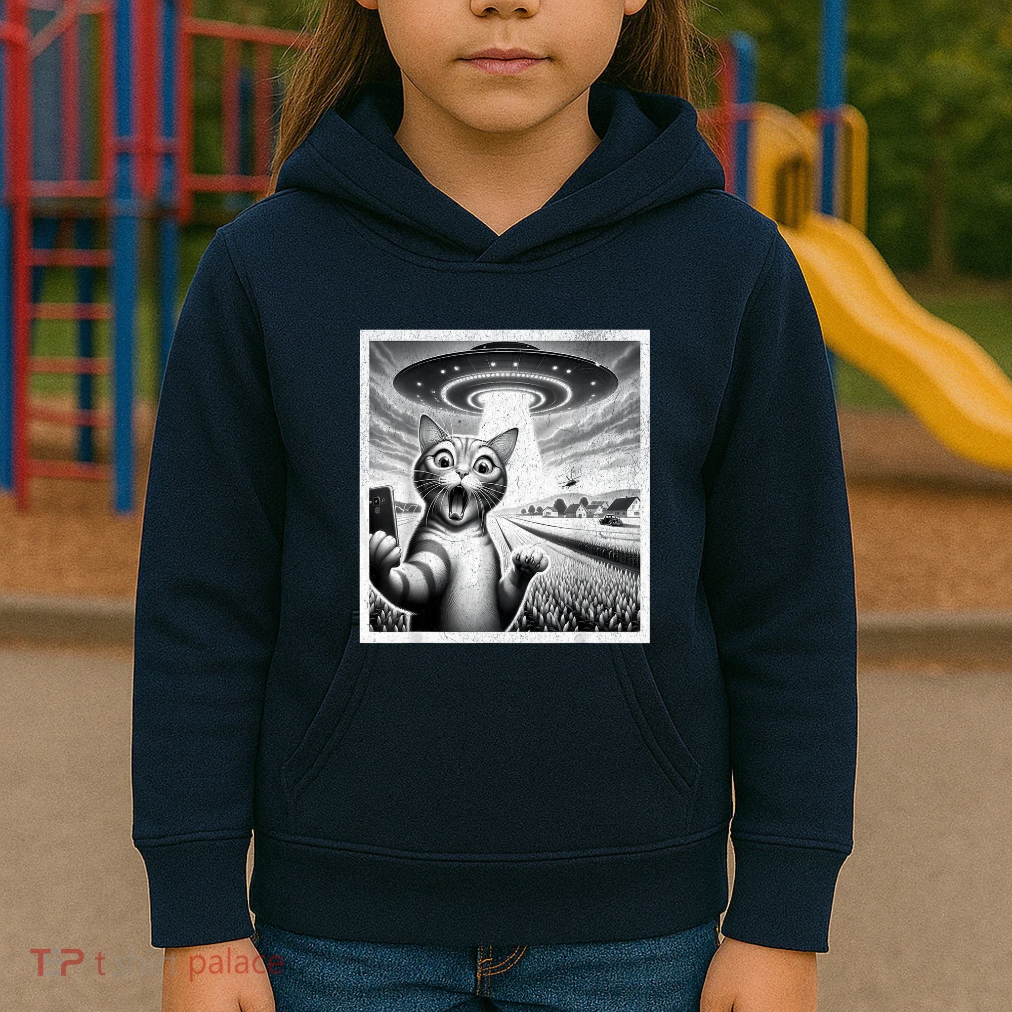 Cat Selfie With Alien Ufo Funny Cat For Women Kids Hoodie