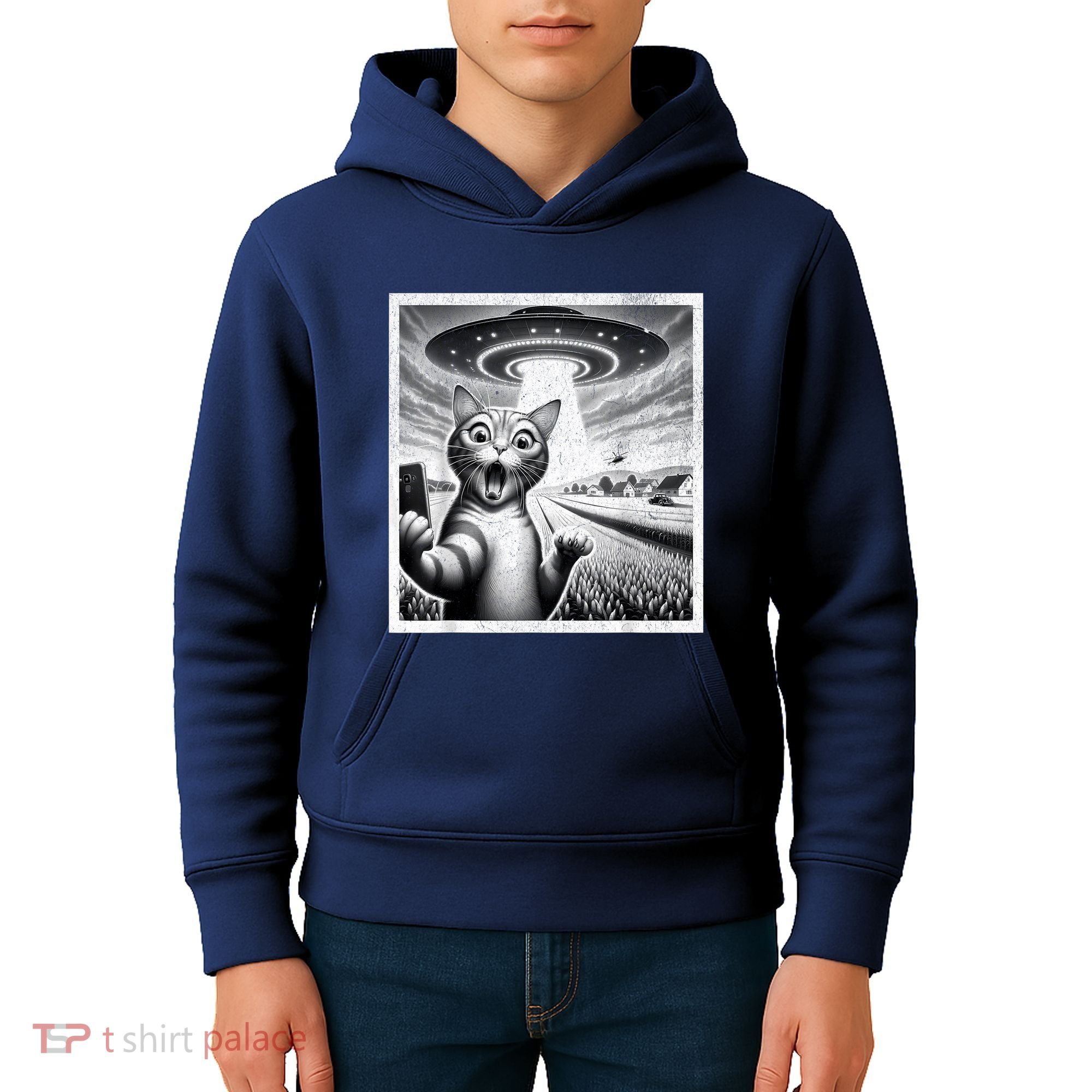 Cat Selfie With Alien Ufo Funny Cat For Women Kids Hoodie