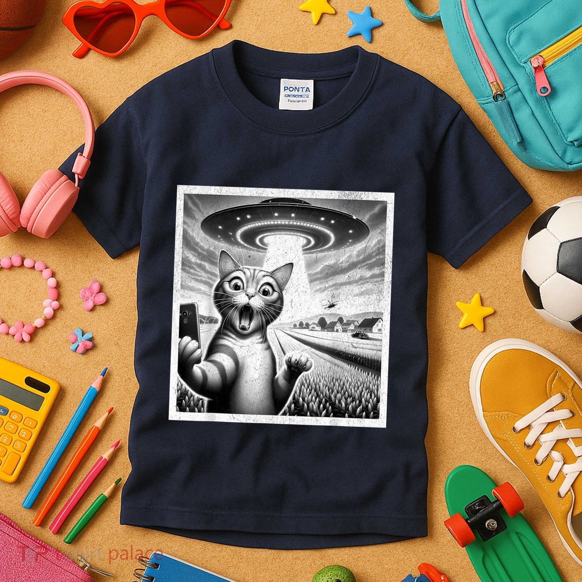 Cat Selfie With Alien Ufo Funny Cat For Women Kids T-Shirt