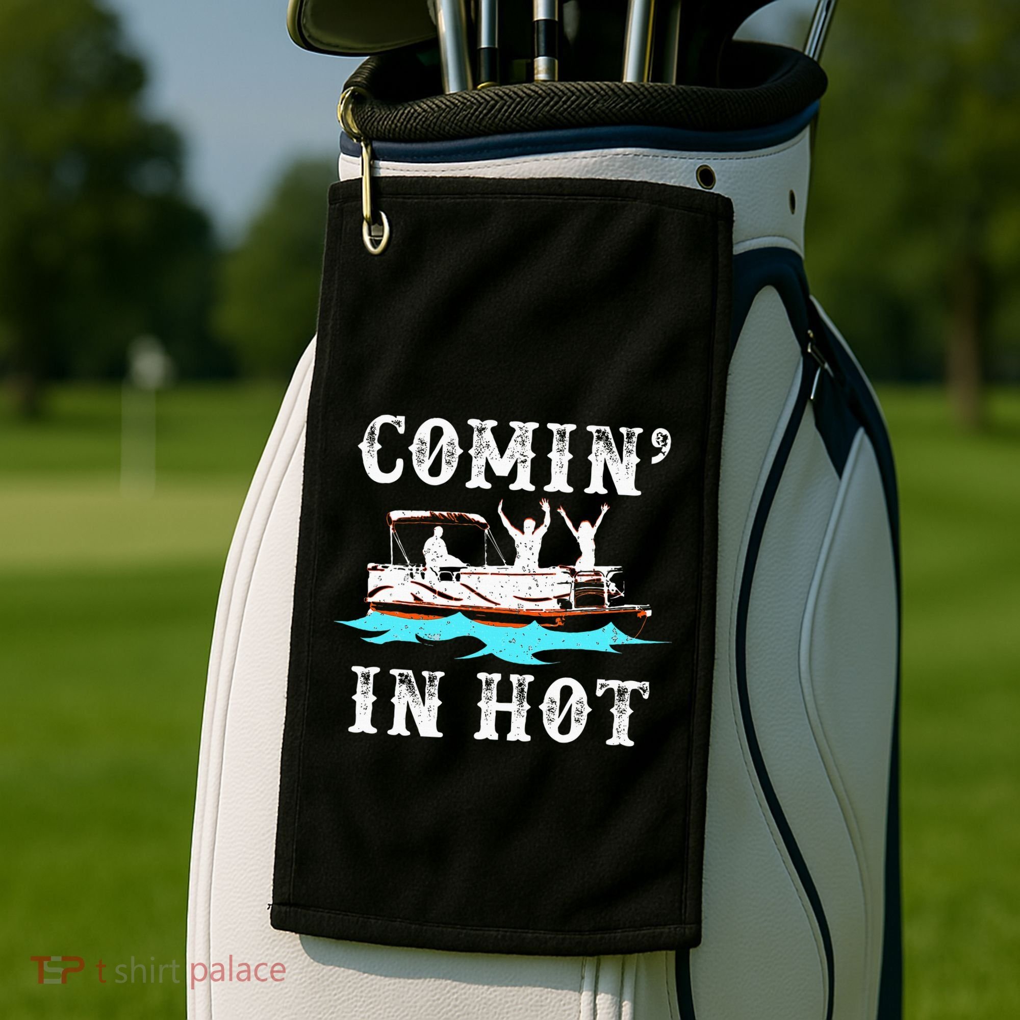 Comin In Hot Funny Pontoon Boat River Lake Boating Gift Idea Golf Towel