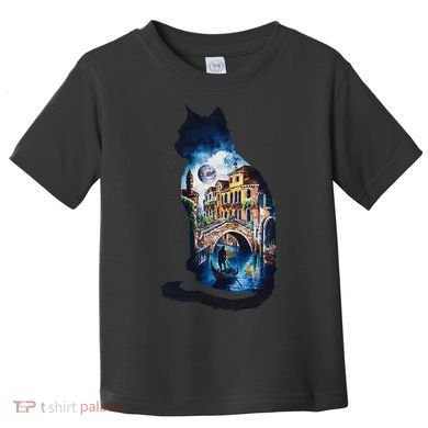Cat Silhouette Watercolor Venice At Night Toddler T-Shirt