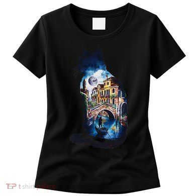 Cat Silhouette Watercolor Venice At Night Women's T-Shirt