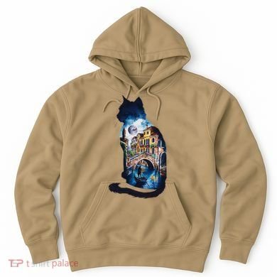 Cat Silhouette Watercolor Venice At Night Hoodie