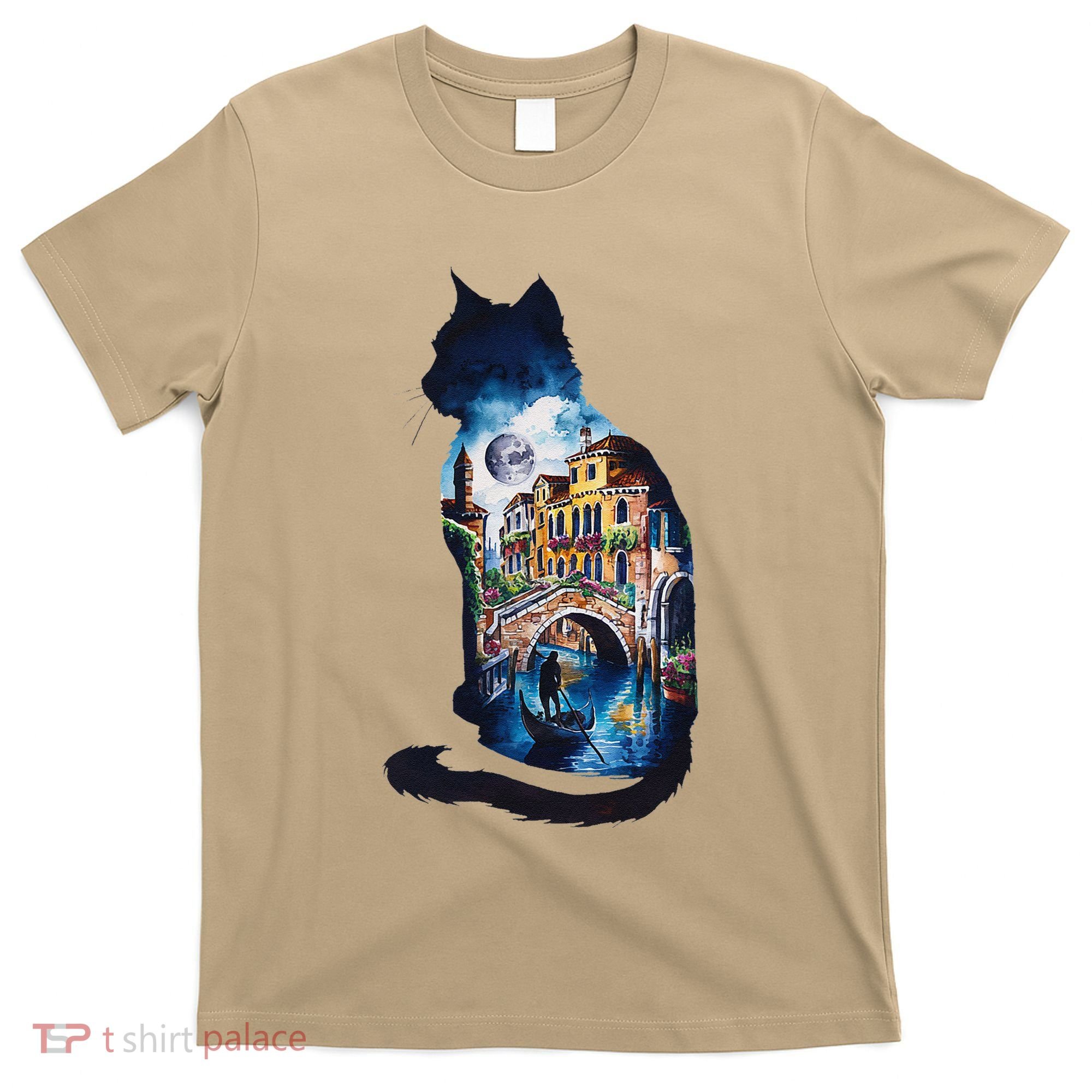 Cat Silhouette Watercolor Venice At Night T-Shirt
