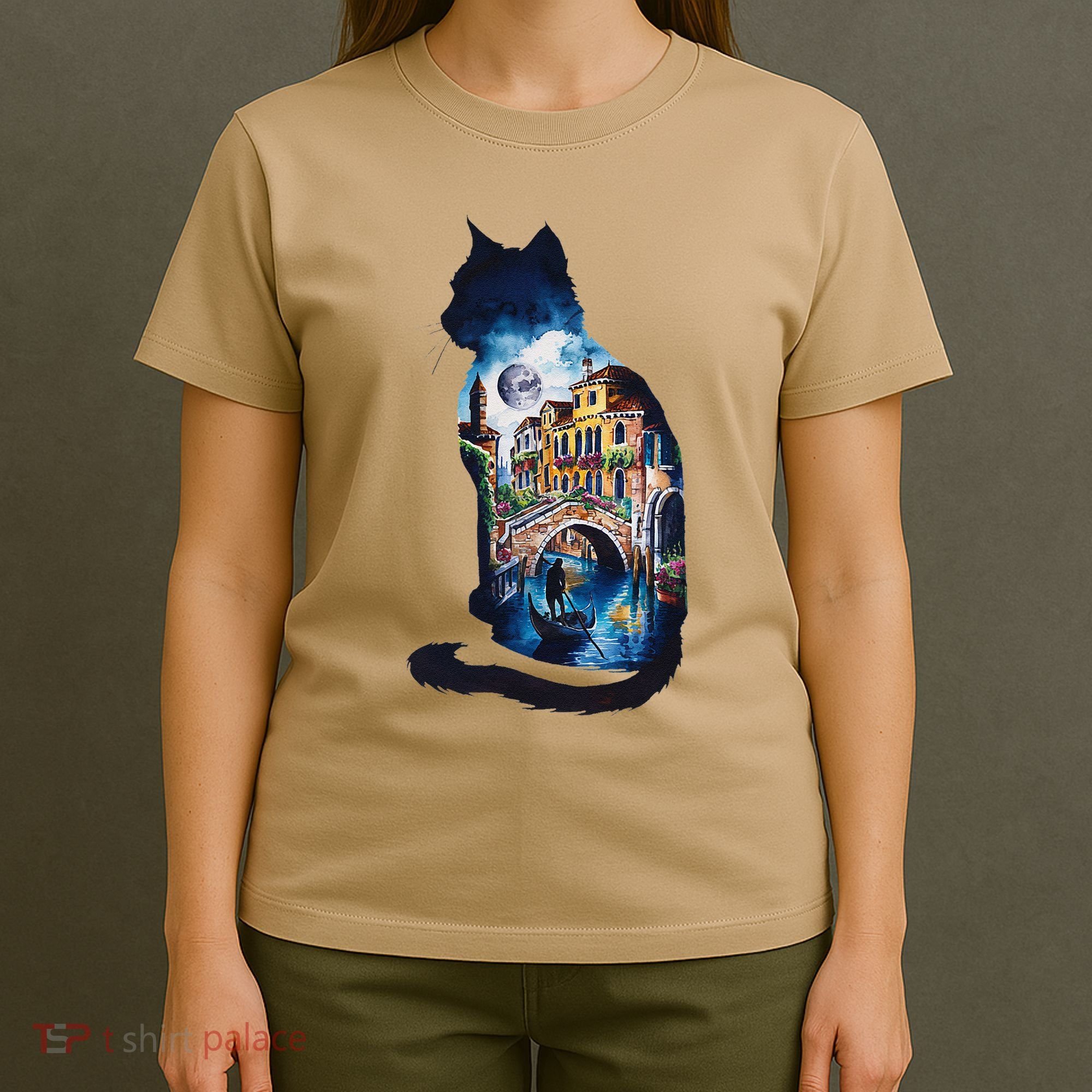 Cat Silhouette Watercolor Venice At Night T-Shirt