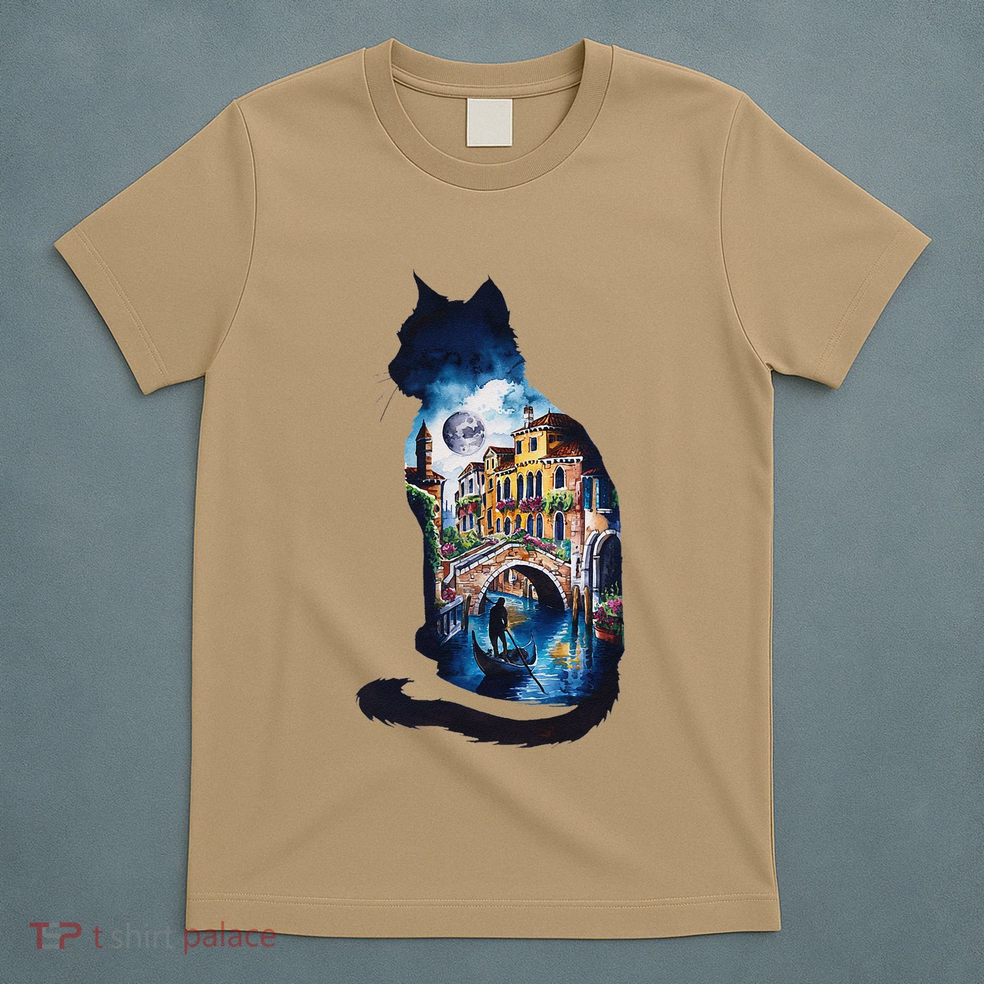 Cat Silhouette Watercolor Venice At Night T-Shirt
