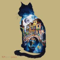 Cat Silhouette Watercolor Venice At Night T-Shirt thumb 7