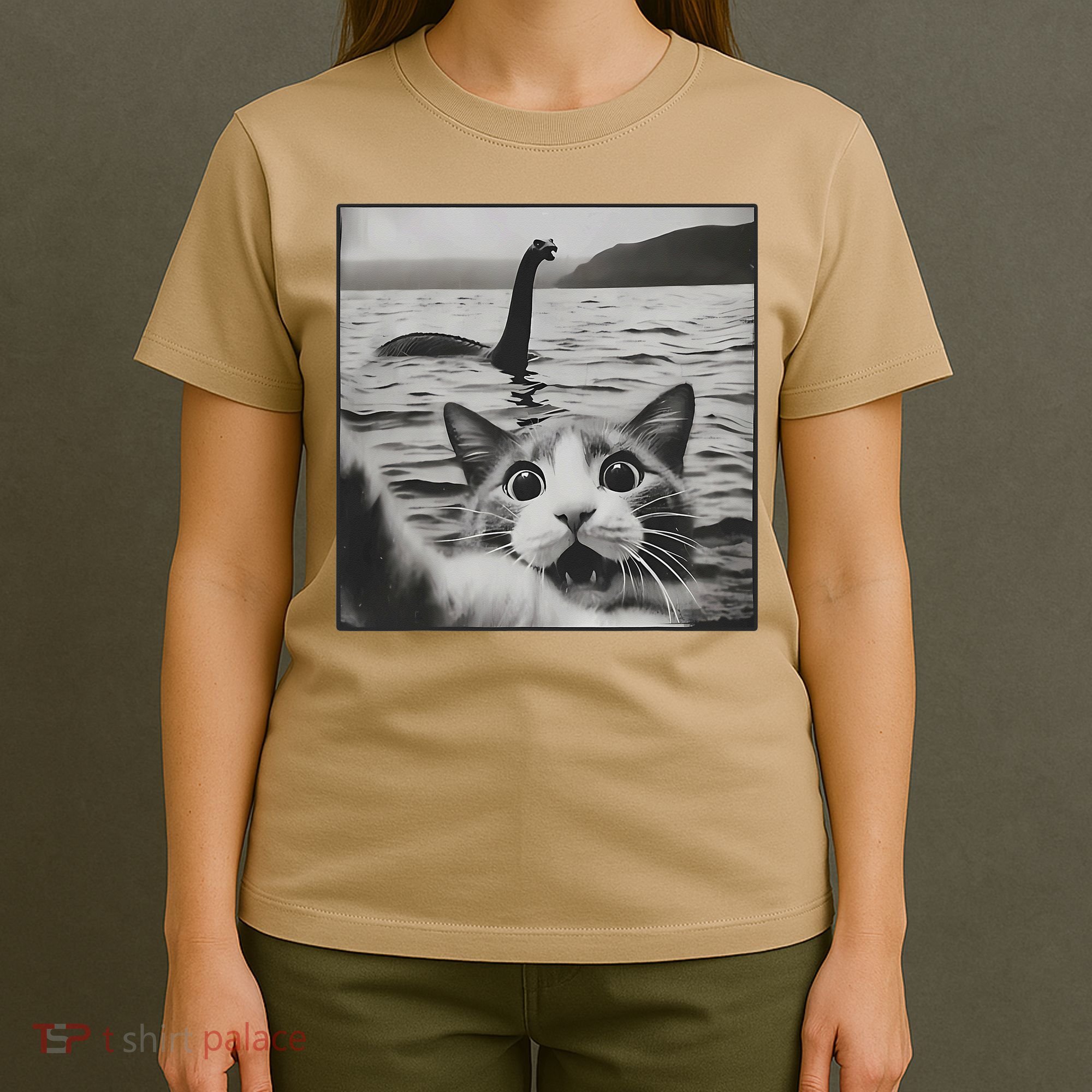 Cat Selfie With Loch Ness Monster Funny Cats Women T-Shirt
