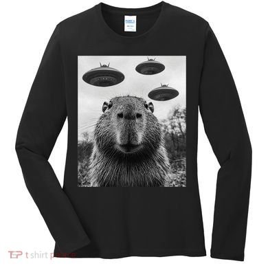 Capybara Selfie With Ufos Funny Graphic Women's Long Sleeve Shirt